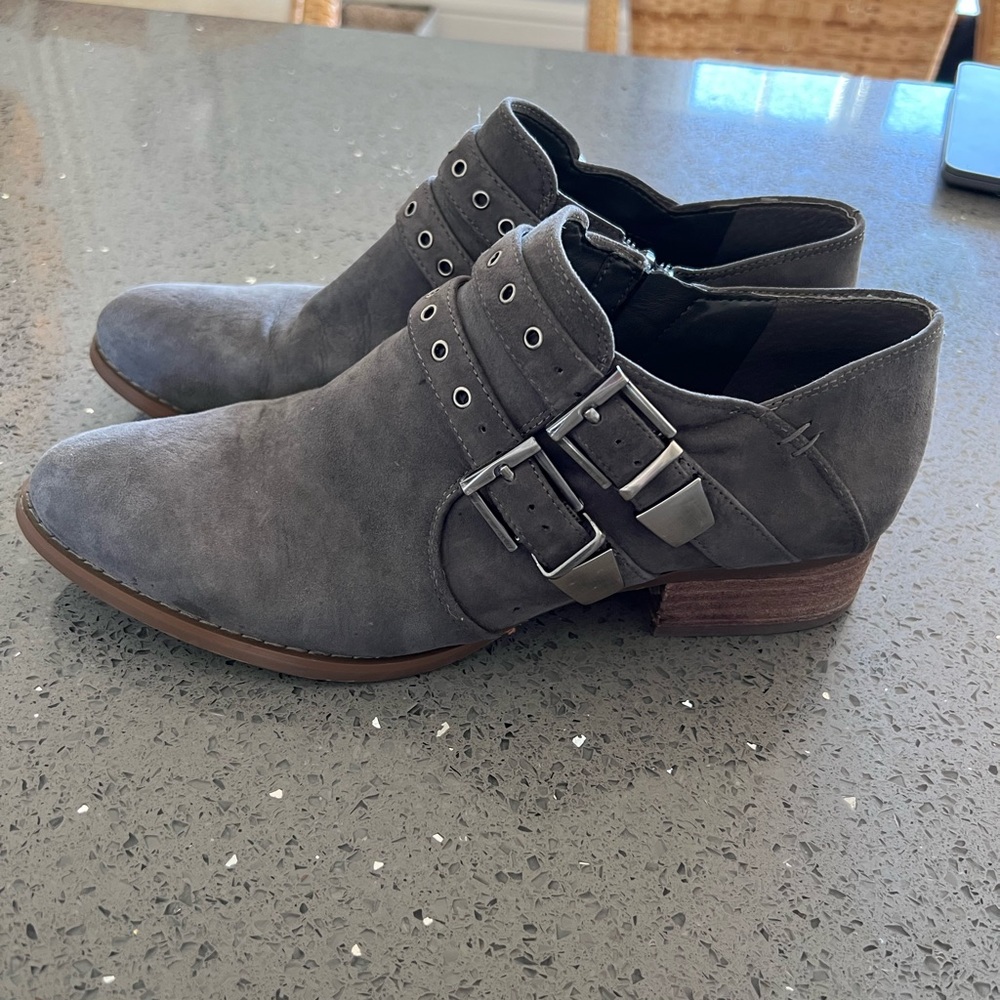 Vince Camuto “Cosmika” buckle suede bootie